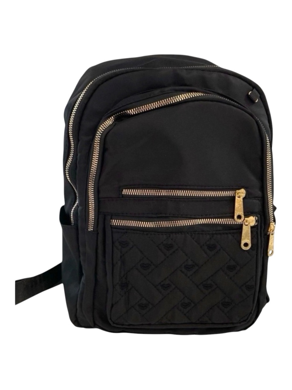 Sleek black quilted backpack with gold zipper accents versatile daily bag